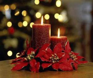 Puzzle Αναμμένα κεριά ως κεντρικό διακοσμημένο με χριστουγεννιάτικα λουλούδια